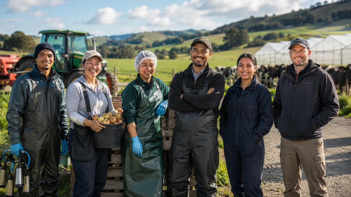 New Zealand farm jobs for foreigners in 2026 across dairy farming, fruit picking, packhouse work, greenhouse work, livestock care, and farm supervision